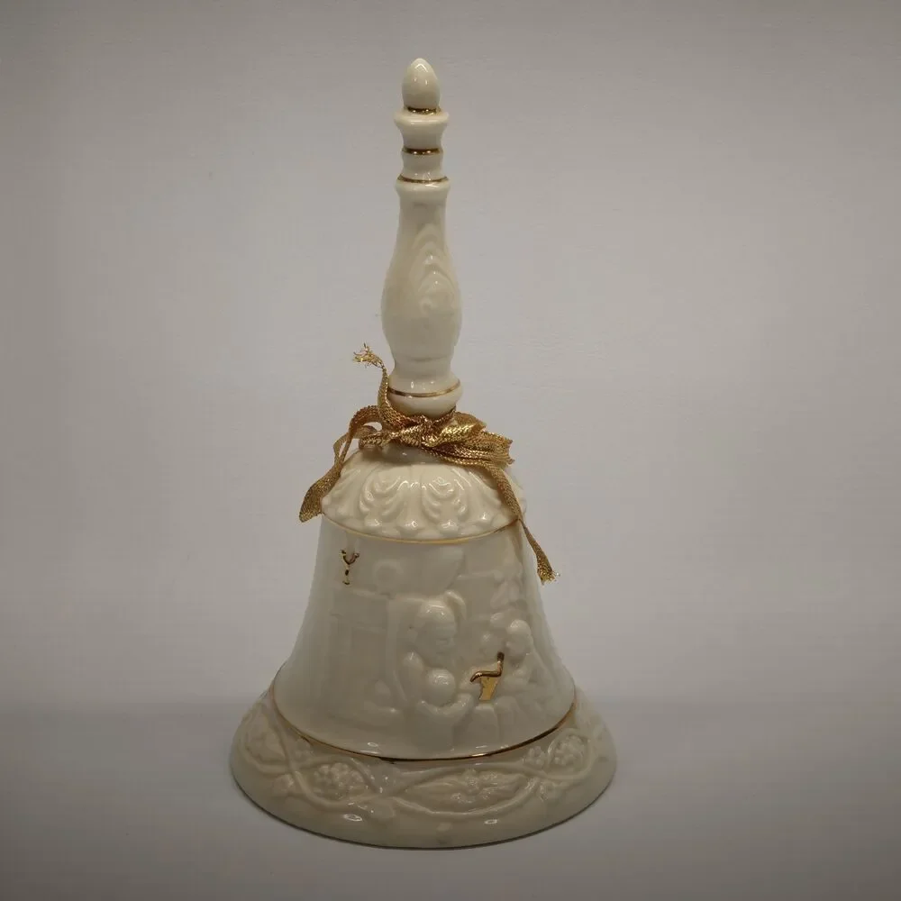 Vintage Ivory Porcelain Christmas Bell Santa Reading Children Gold Trim 7 Inch